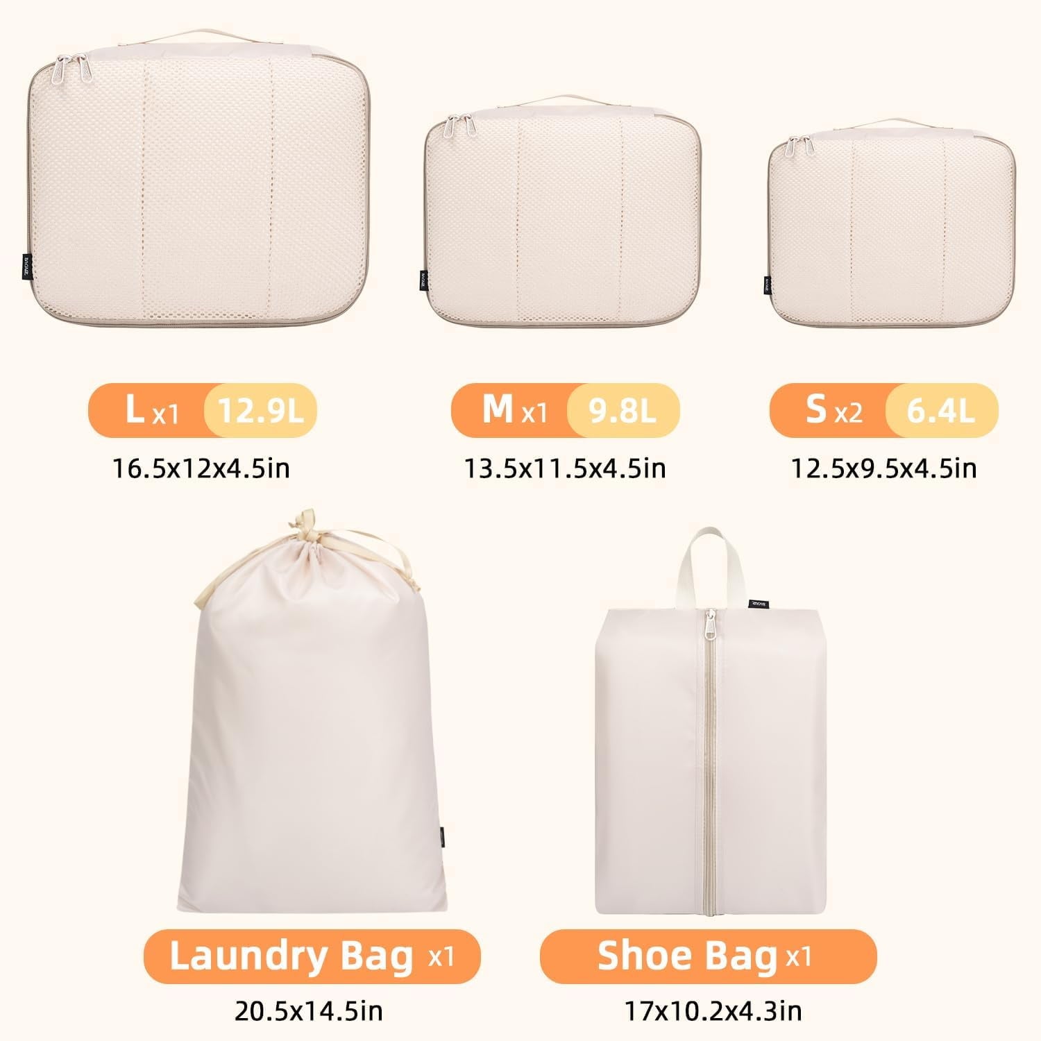 6 Set Packing Cubes Luggage Packing Organizers for Travel Accessories (Beige)