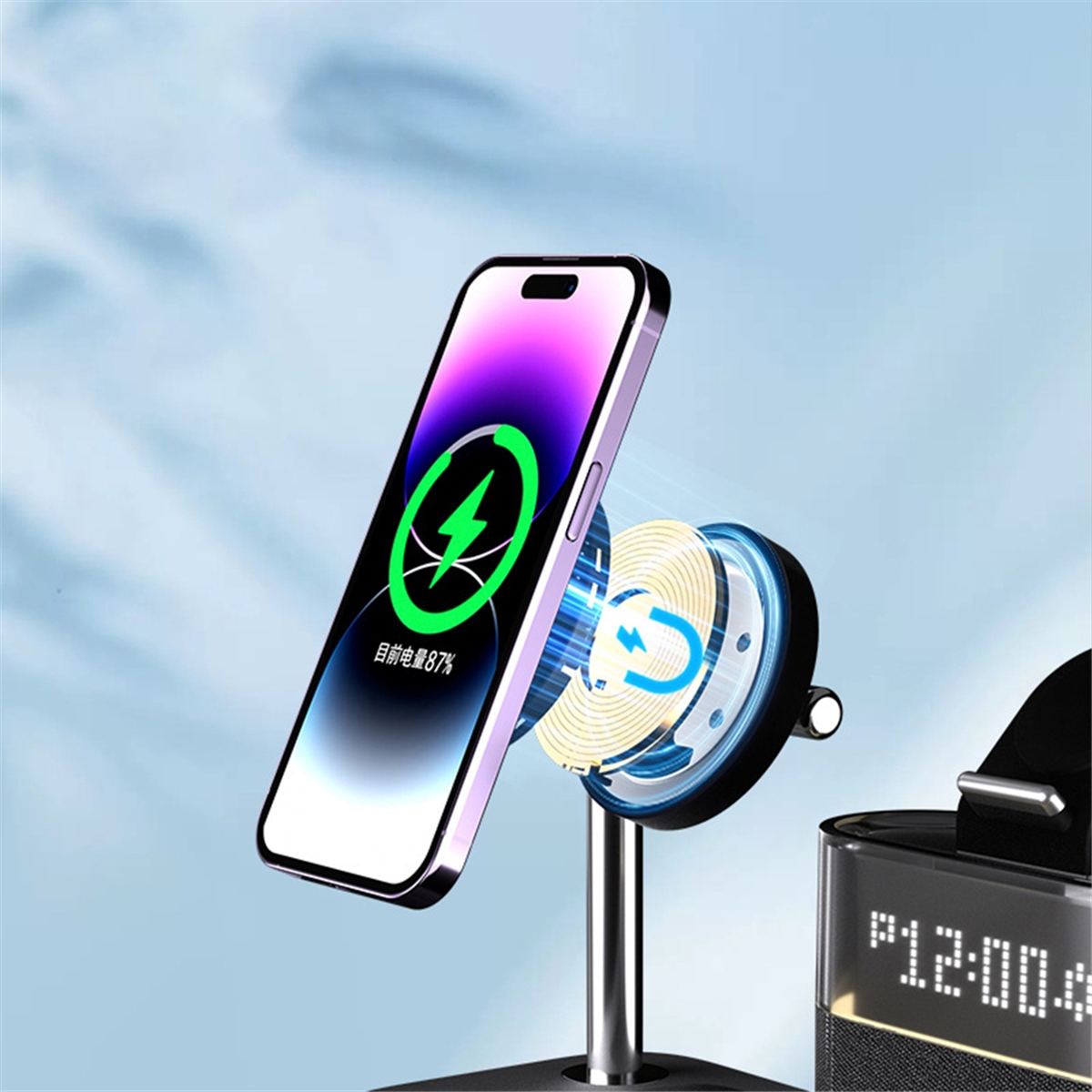 5 in 1 Magnetic Wireless Charger Stand LED Night Light Alarm Clock Fast Charging Station Black,1 x Charging Station,Black