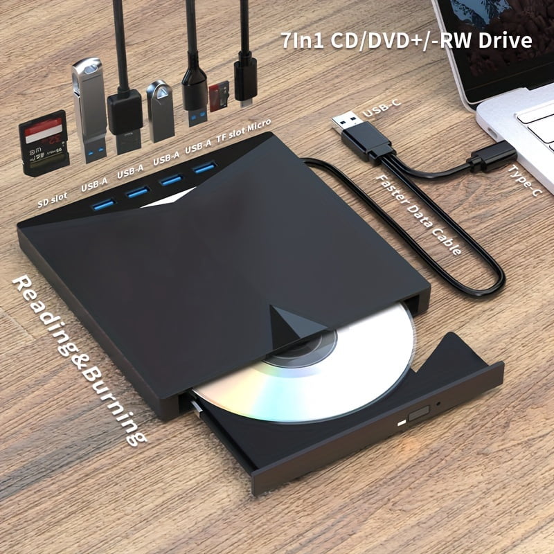 DVD CD Burner - 7-in-1 Multifunctional - External Player/Reader/Writer Drive - USB-C Portable-CD/DVD +/-RW Drive/DVD Player - USB 3.0 USB-C Hub - Compatible with Laptops Desktop All-in-One Computers