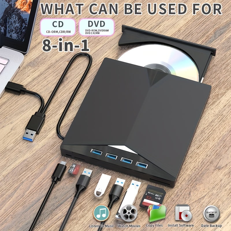 DVD CD Burner - 7-in-1 Multifunctional - External Player/Reader/Writer Drive - USB-C Portable-CD/DVD +/-RW Drive/DVD Player - USB 3.0 USB-C Hub - Compatible with Laptops Desktop All-in-One Computers