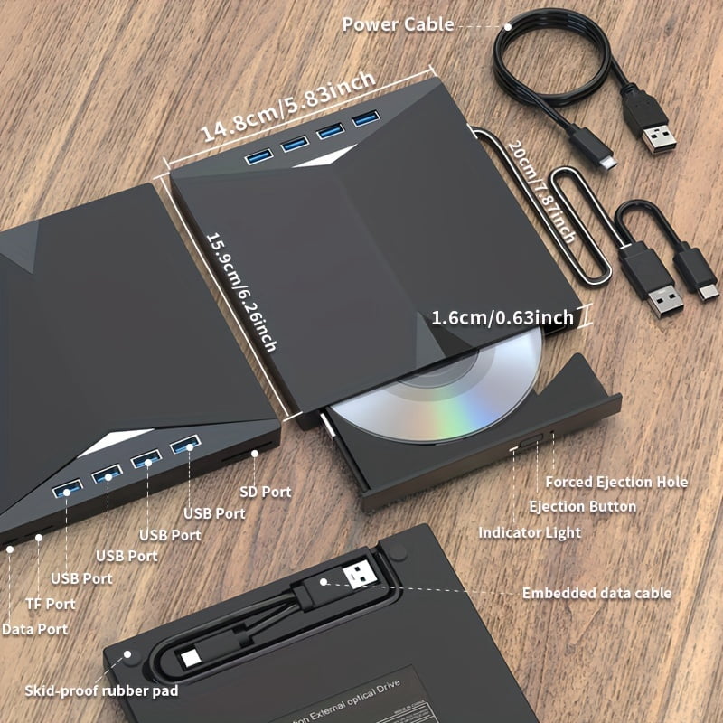 DVD CD Burner - 7-in-1 Multifunctional - External Player/Reader/Writer Drive - USB-C Portable-CD/DVD +/-RW Drive/DVD Player - USB 3.0 USB-C Hub - Compatible with Laptops Desktop All-in-One Computers