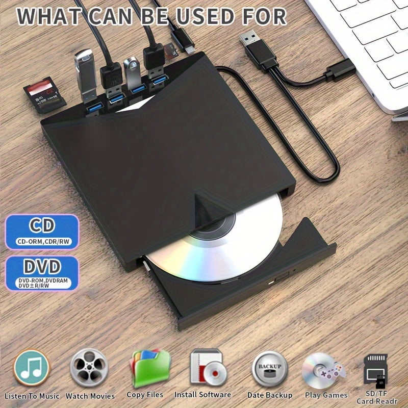 DVD CD Burner - 7-in-1 Multifunctional - External Player/Reader/Writer Drive - USB-C Portable-CD/DVD +/-RW Drive/DVD Player - USB 3.0 USB-C Hub - Compatible with Laptops Desktop All-in-One Computers