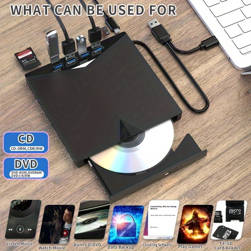 DVD CD Burner - 7-in-1 Multifunctional - External Player/Reader/Writer Drive - USB-C Portable-CD/DVD +/-RW Drive/DVD Player - USB 3.0 USB-C Hub - Compatible with Laptops Desktop All-in-One Computers