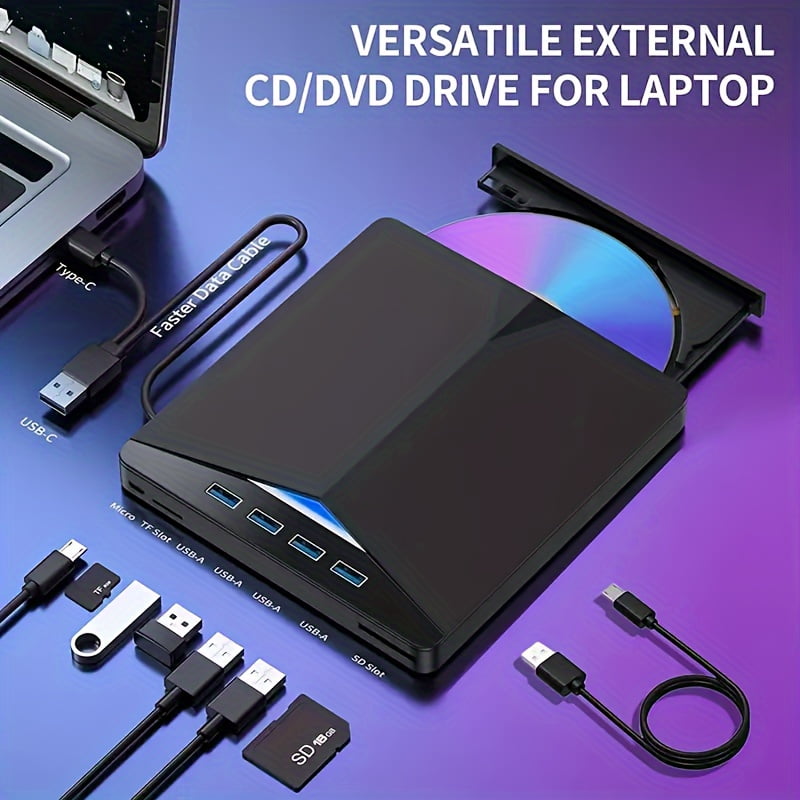DVD CD Burner - 7-in-1 Multifunctional - External Player/Reader/Writer Drive - USB-C Portable-CD/DVD +/-RW Drive/DVD Player - USB 3.0 USB-C Hub - Compatible with Laptops Desktop All-in-One Computers