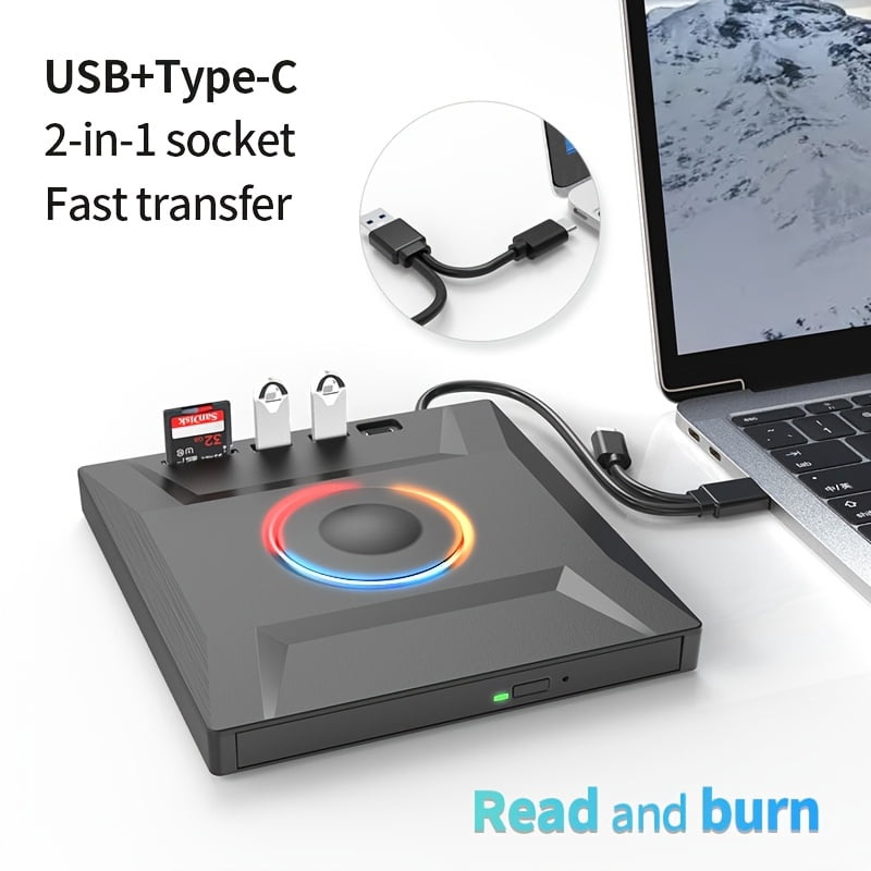 DVD CD Burner - 7-in-1 Multifunctional - External Player/Reader/Writer Drive - USB-C Portable-CD/DVD +/-RW Drive/DVD Player - USB 3.0 USB-C Hub - Compatible with Laptops Desktop All-in-One Computers