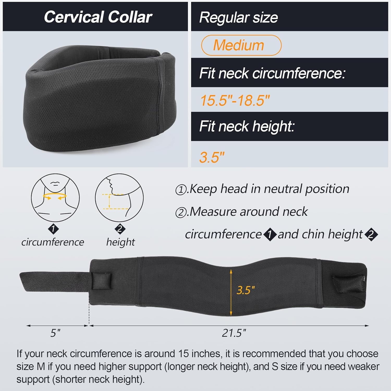 Neck Brace for Neck Pain and Support, Soft Neck Support Relieves Pain &amp;  Wrap Align Stabilize Vertebrae Foam Cervical Collar for Sleeping (Grey, M, 3.5" Depth Collar)