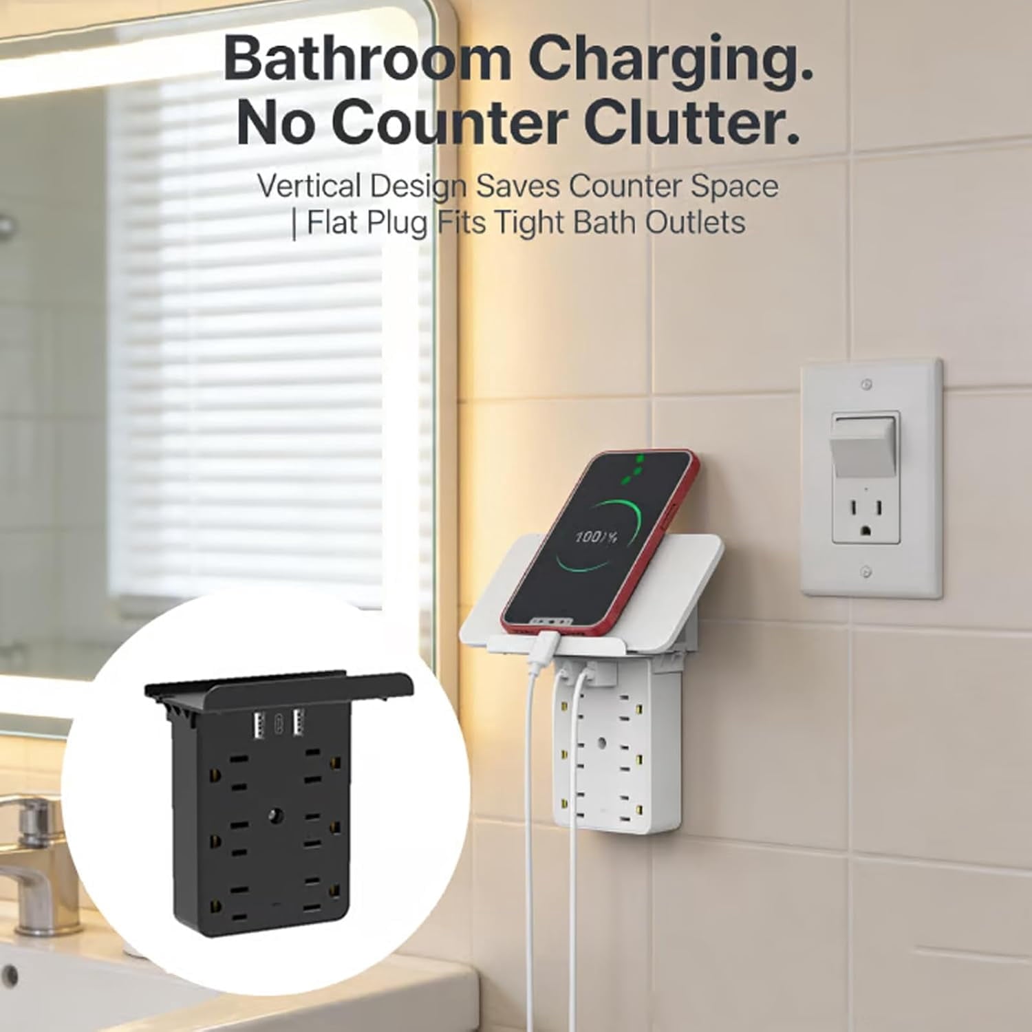 Surge Protector Power Strip with Phone Shelf &amp; USB, White Charging Station