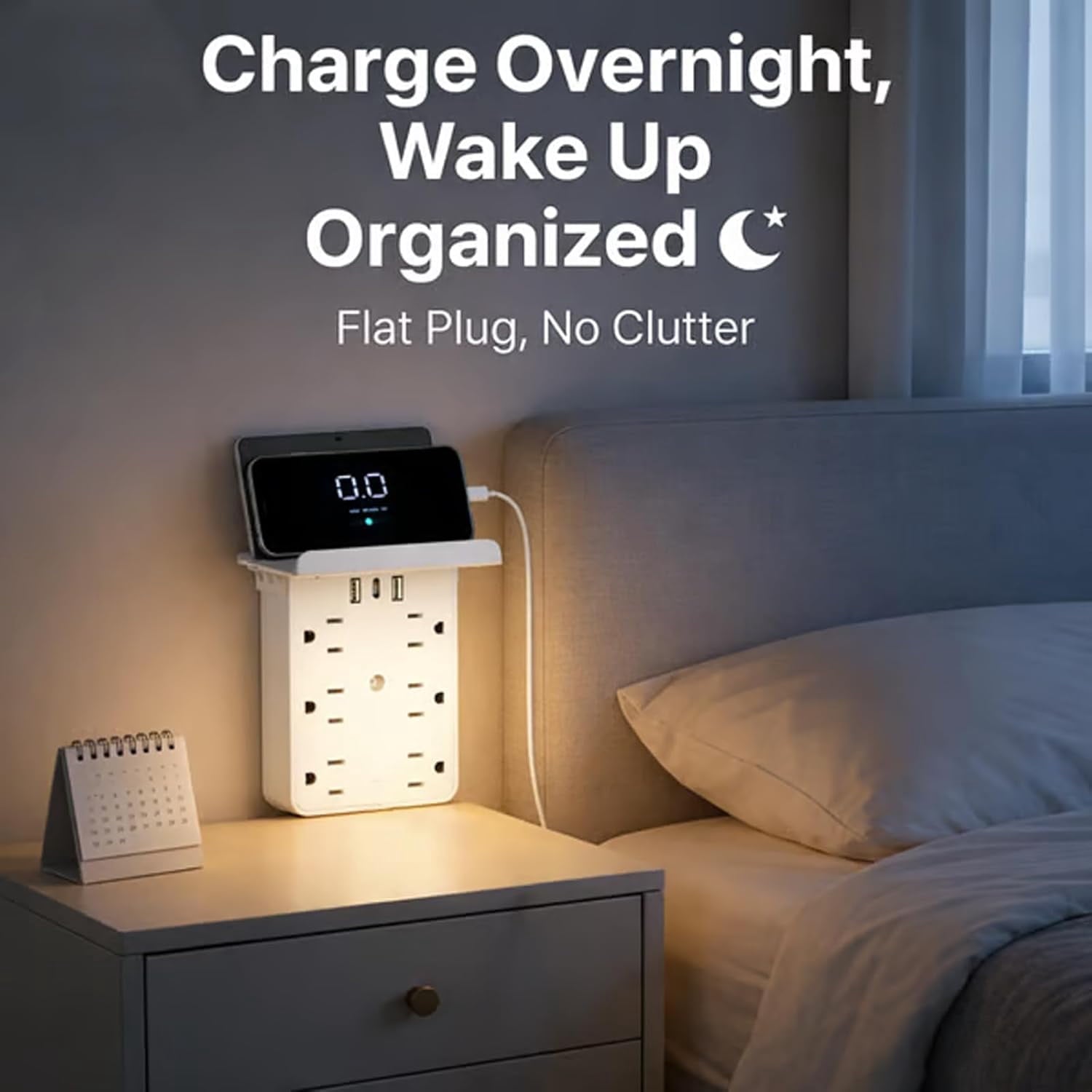 Surge Protector Power Strip with Phone Shelf &amp; USB, White Charging Station