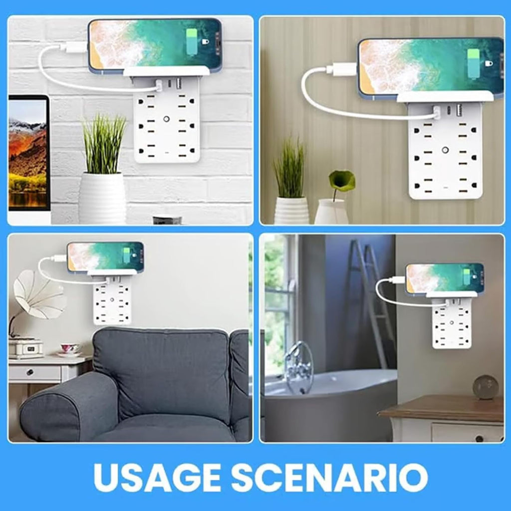 Surge Protector Power Strip with Phone Shelf &amp; USB, White Charging Station