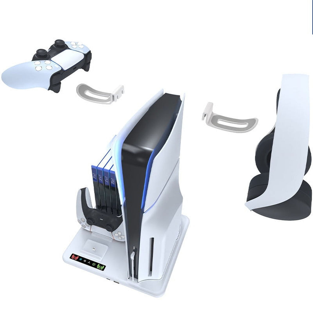 Cooling Dock with Dual Controller Charging Stand For PS5 Slim Console , Disk Organizer Handle Charger With 2 Headphone Hanger Hooks
