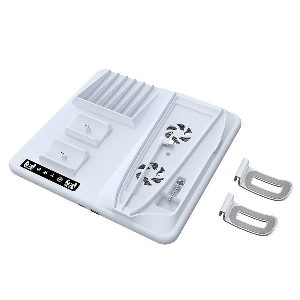 Cooling Dock with Dual Controller Charging Stand For PS5 Slim Console , Disk Organizer Handle Charger With 2 Headphone Hanger Hooks