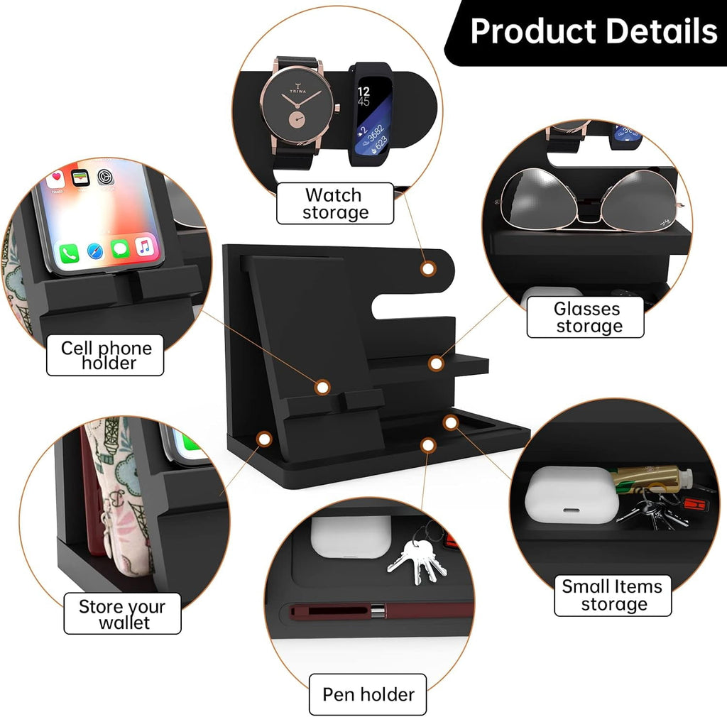 Gifts for Men Desk Organizer Wooden Phone Docking Station Key Wallet Holder Watch Organizer Men Birthday Gifts for Dad Birthday Gift Nightstand Organizer