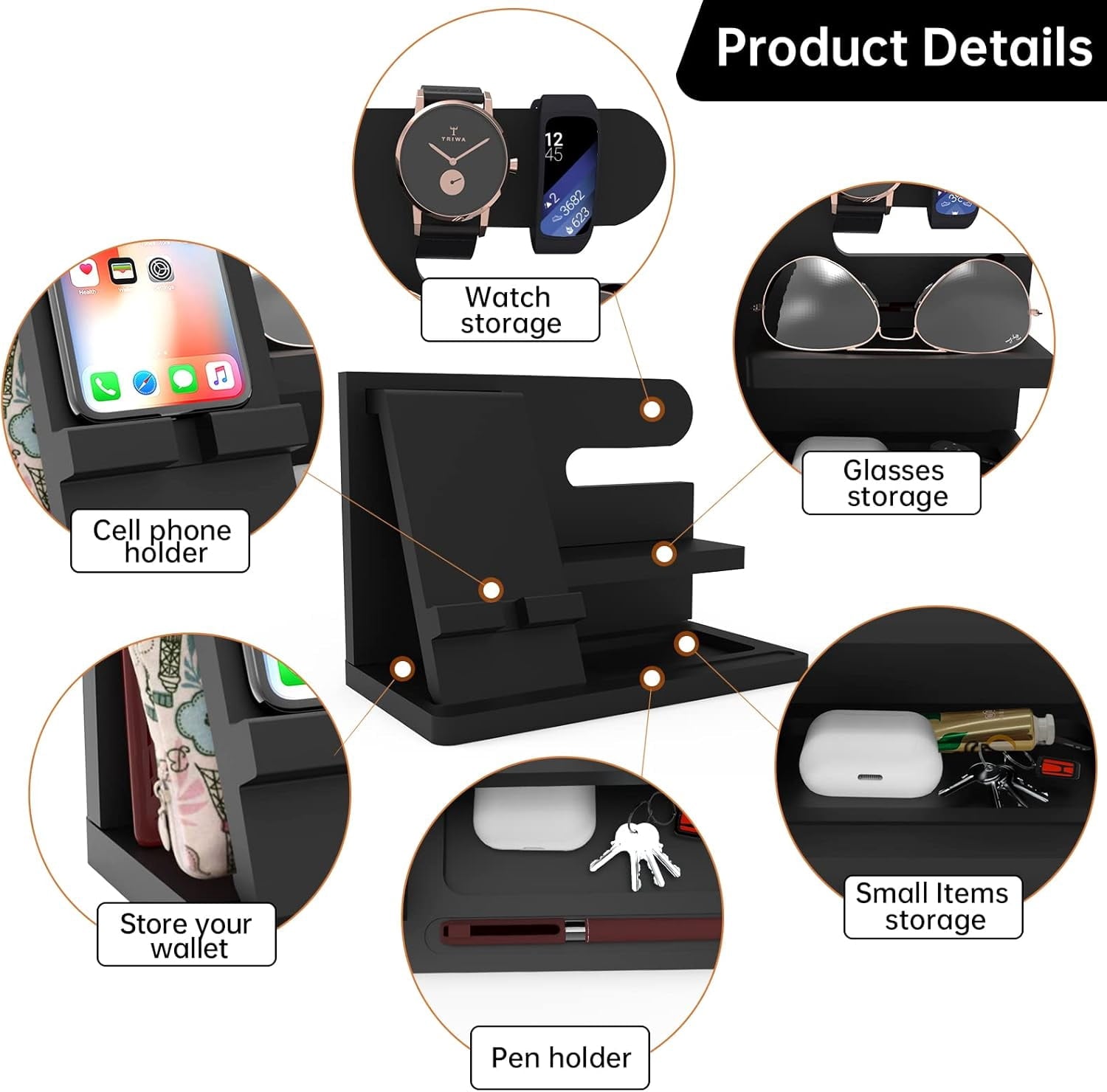 Gifts for Men Desk Organizer Wooden Phone Docking Station Key Wallet Holder Watch Organizer Men Birthday Gifts for Dad Birthday Gift Nightstand Organizer