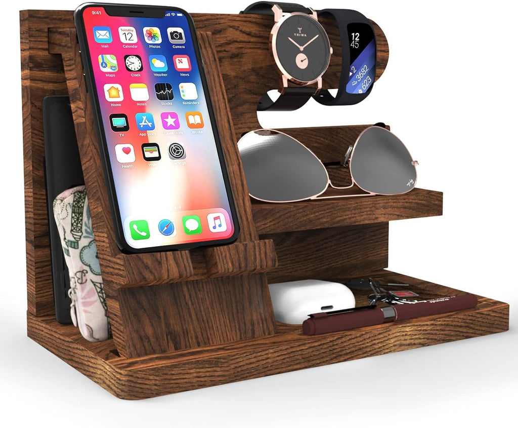 Gifts for Men Desk Organizer Wooden Phone Docking Station Key Wallet Holder Watch Organizer Men Birthday Gifts for Dad Birthday Gift Nightstand Organizer