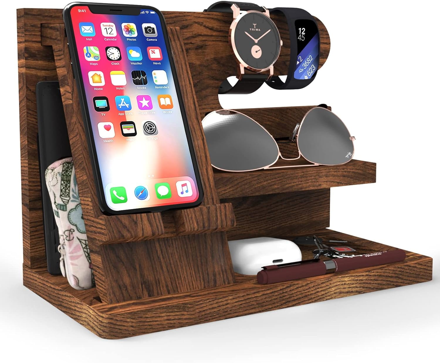 Gifts for Men Desk Organizer Wooden Phone Docking Station Key Wallet Holder Watch Organizer Men Birthday Gifts for Dad Birthday Gift Nightstand Organizer