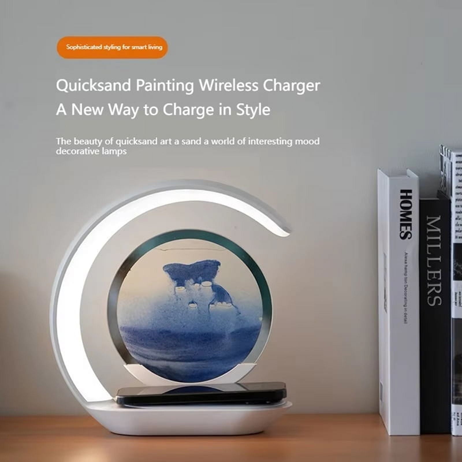 15W Wireless Charger with Quicksand Painting Night Lamp Table Top Decoration Fast Charging Station Blue