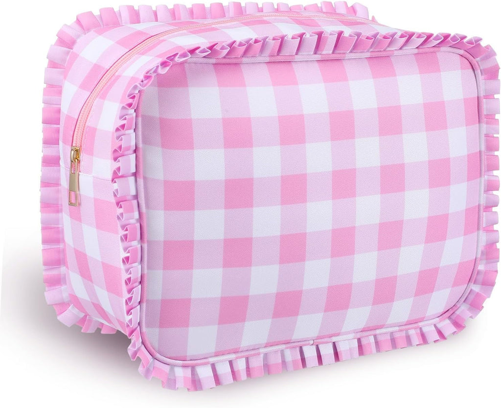 Pink Gingham Makeup Bag, Checkered Cosmetic Bag with Zipper for Women, Travel Toiletry Organizer