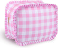 Pink Gingham Makeup Bag, Checkered Cosmetic Bag with Zipper for Women, Travel Toiletry Organizer