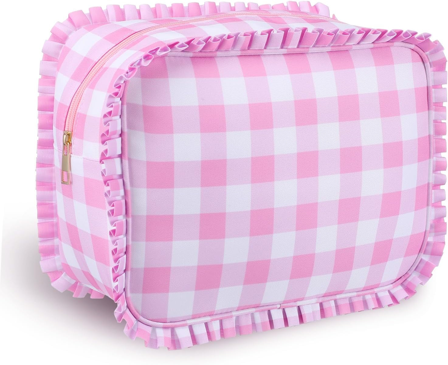 Pink Gingham Makeup Bag, Checkered Cosmetic Bag with Zipper for Women, Travel Toiletry Organizer