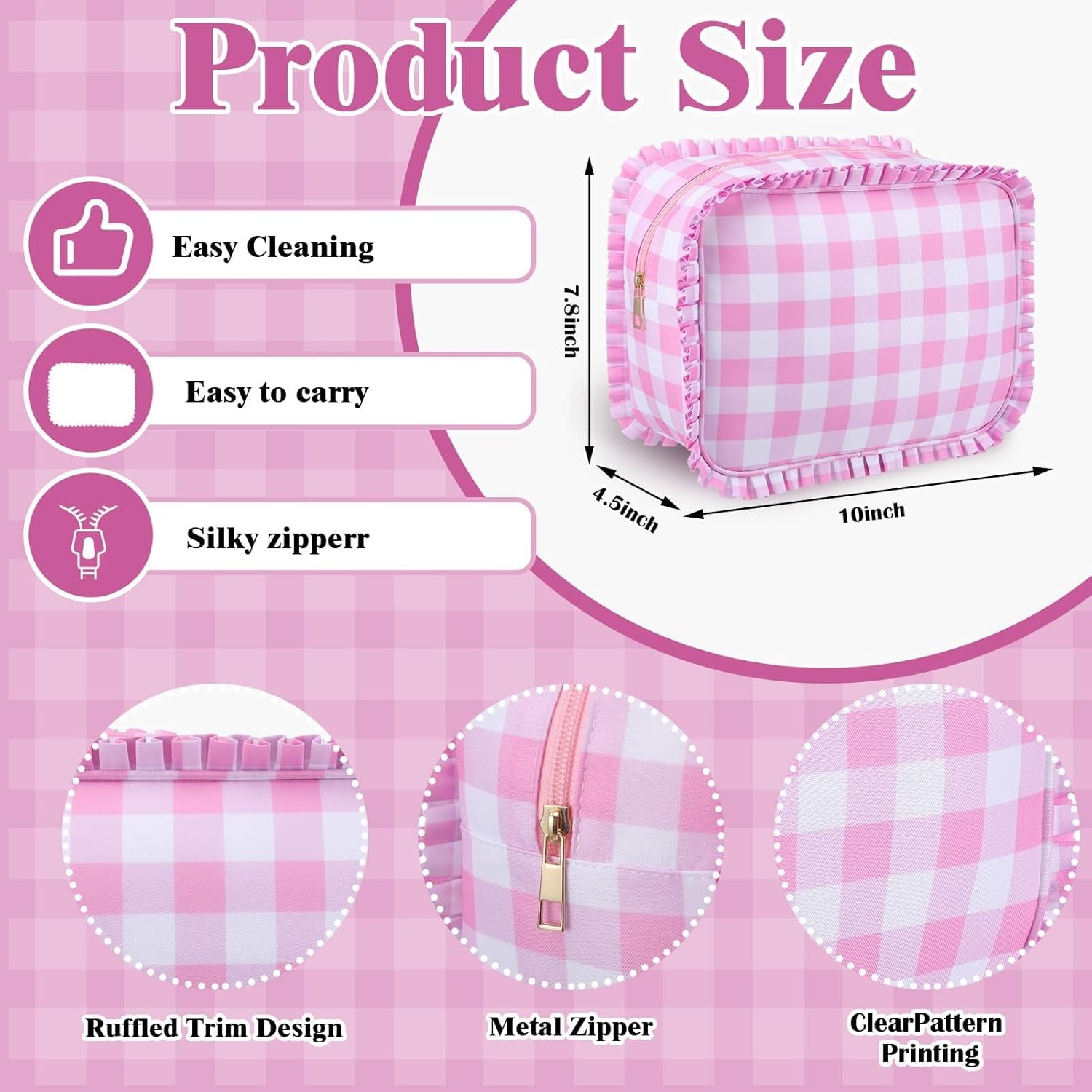 Pink Gingham Makeup Bag, Checkered Cosmetic Bag with Zipper for Women, Travel Toiletry Organizer