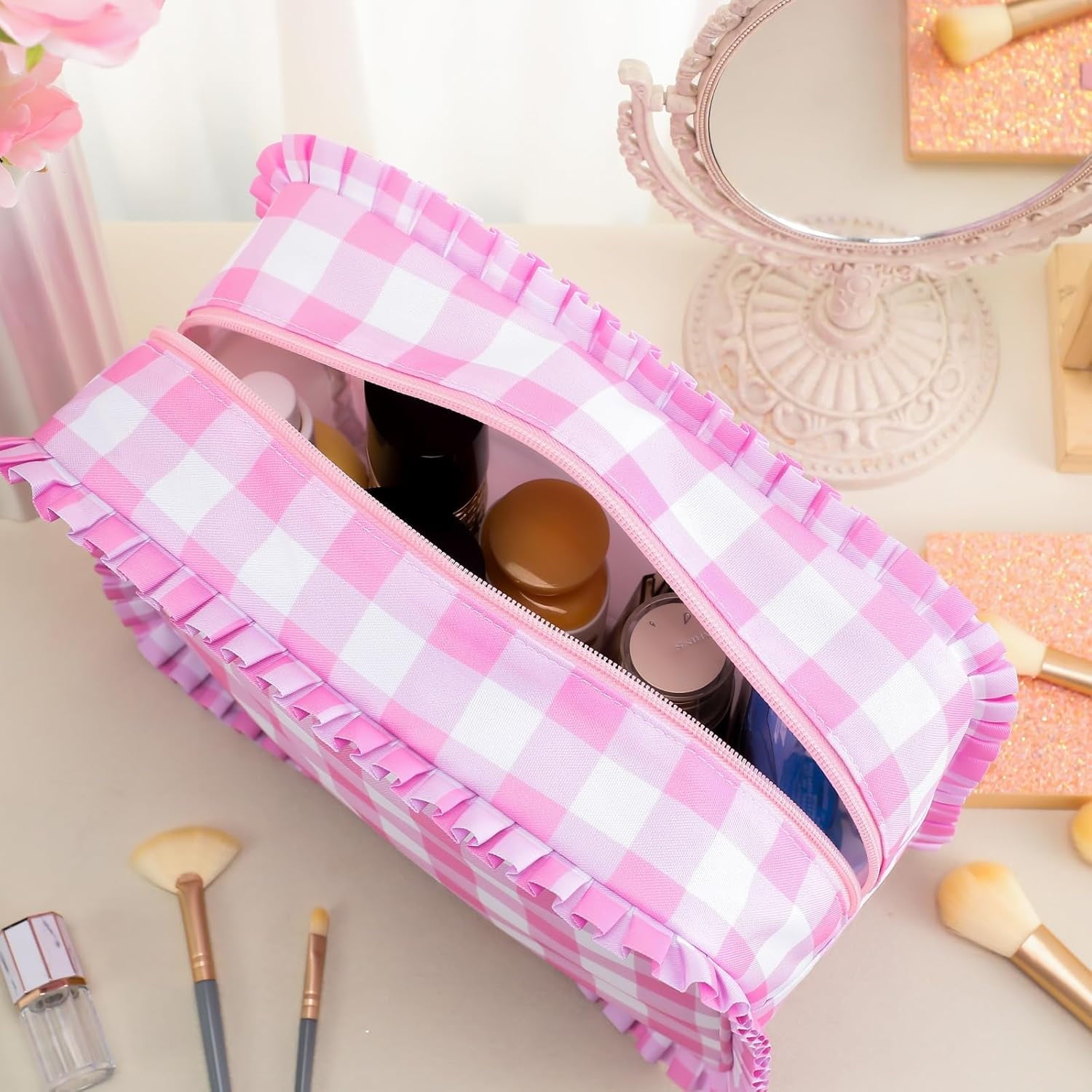 Pink Gingham Makeup Bag, Checkered Cosmetic Bag with Zipper for Women, Travel Toiletry Organizer