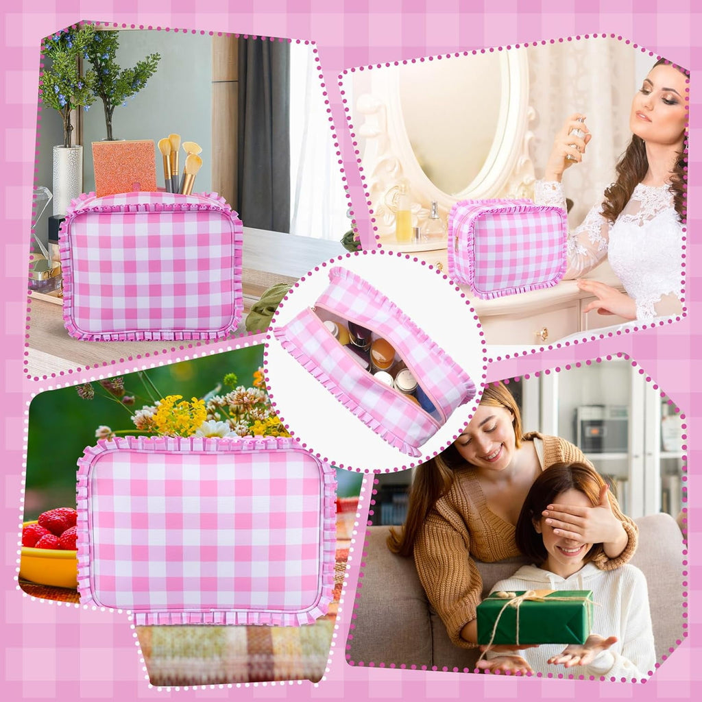 Pink Gingham Makeup Bag, Checkered Cosmetic Bag with Zipper for Women, Travel Toiletry Organizer