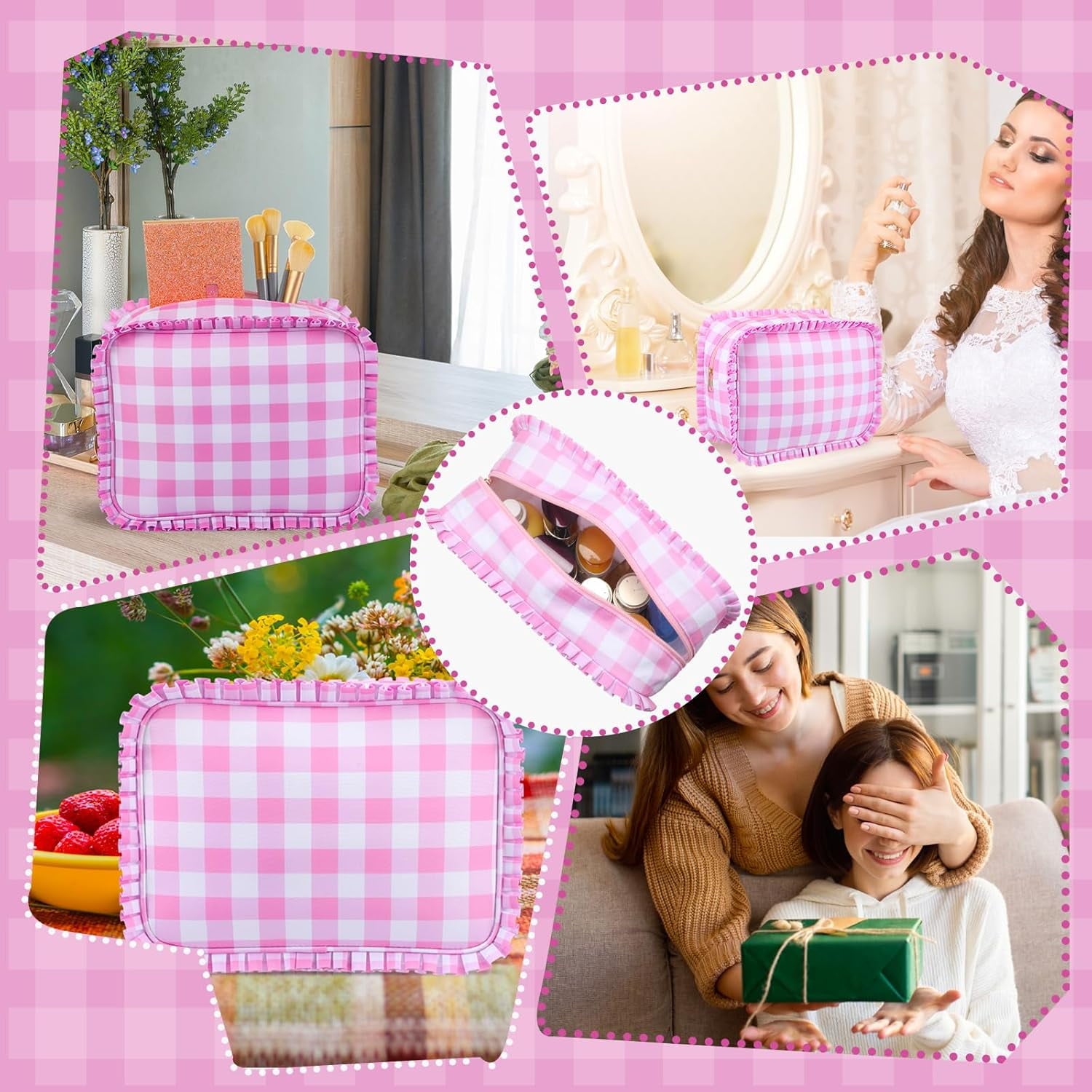 Pink Gingham Makeup Bag, Checkered Cosmetic Bag with Zipper for Women, Travel Toiletry Organizer