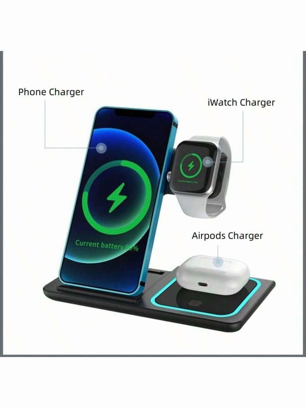 3-in-1 Foldable Fast Wireless Charger Stand - USB-C for iPhone 15-11/Apple Watch 9-SE (Home Desktop Gift for Family Birthday)