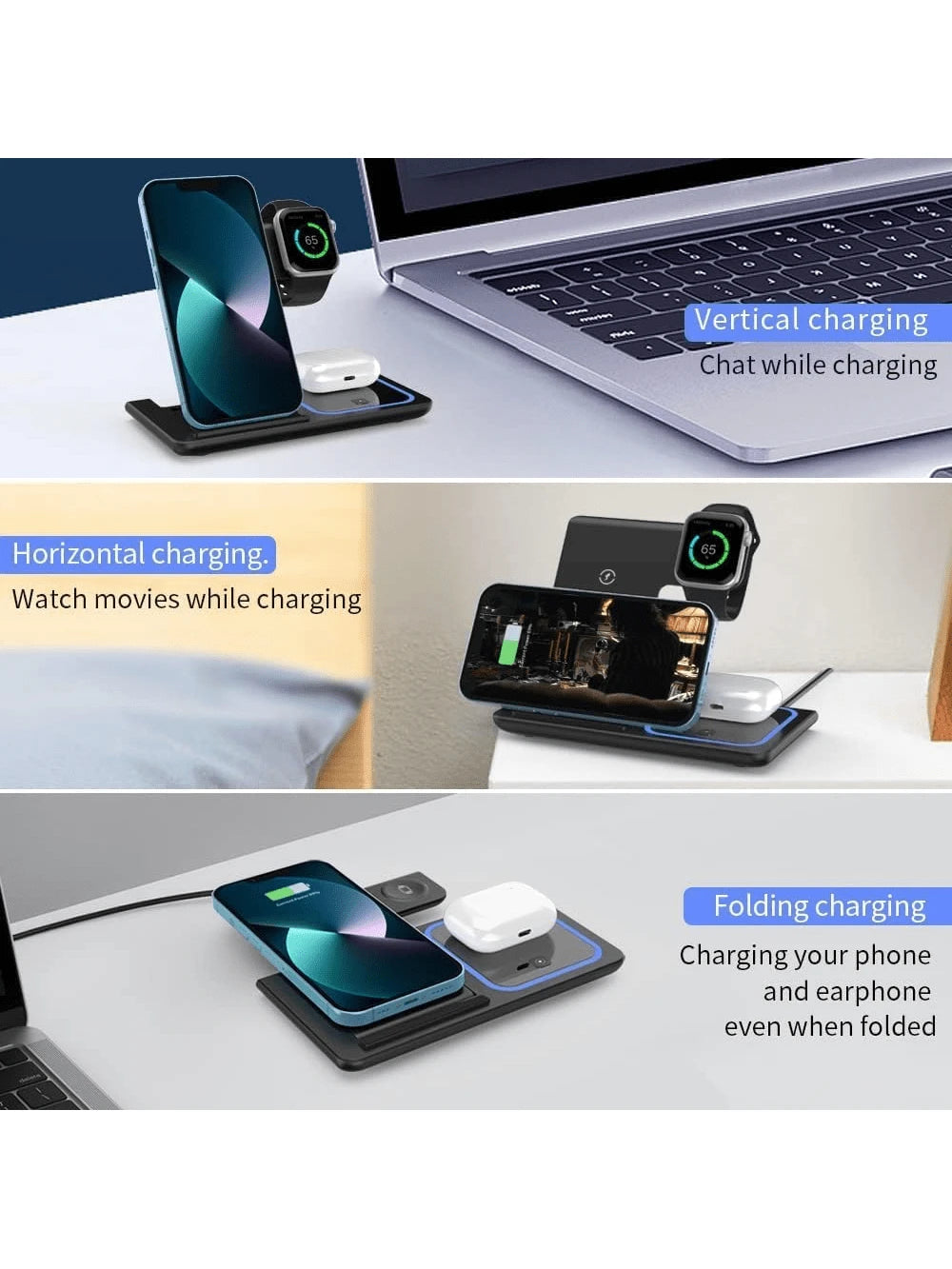 3-in-1 Foldable Fast Wireless Charger Stand - USB-C for iPhone 15-11/Apple Watch 9-SE (Home Desktop Gift for Family Birthday)