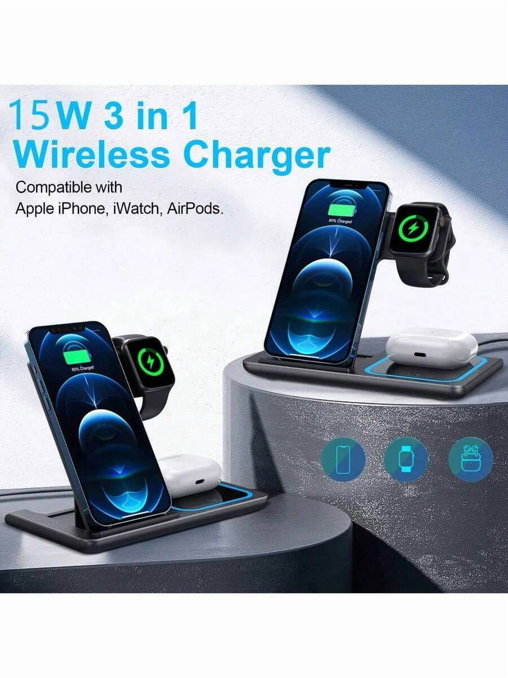 3-in-1 Foldable Fast Wireless Charger Stand - USB-C for iPhone 15-11/Apple Watch 9-SE (Home Desktop Gift for Family Birthday)