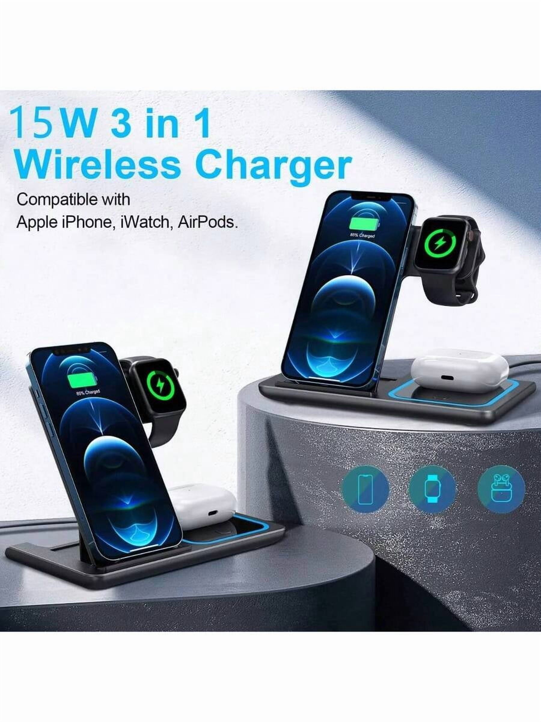3-in-1 Foldable Fast Wireless Charger Stand - USB-C for iPhone 15-11/Apple Watch 9-SE (Home Desktop Gift for Family Birthday)