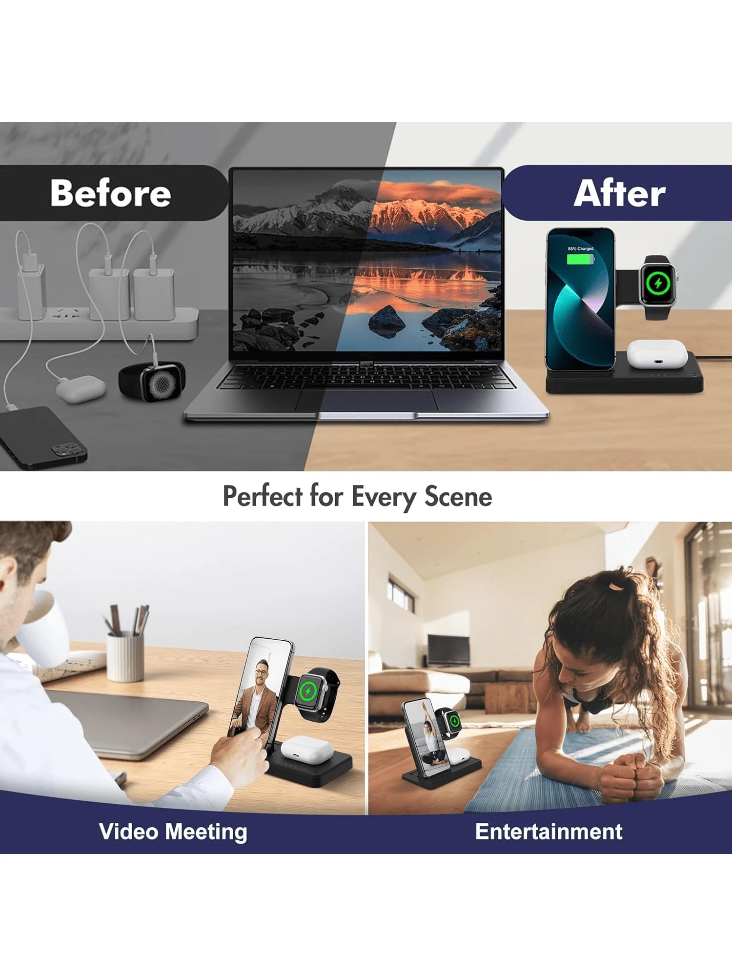 3-in-1 Foldable Fast Wireless Charger Stand - USB-C for iPhone 15-11/Apple Watch 9-SE (Home Desktop Gift for Family Birthday)