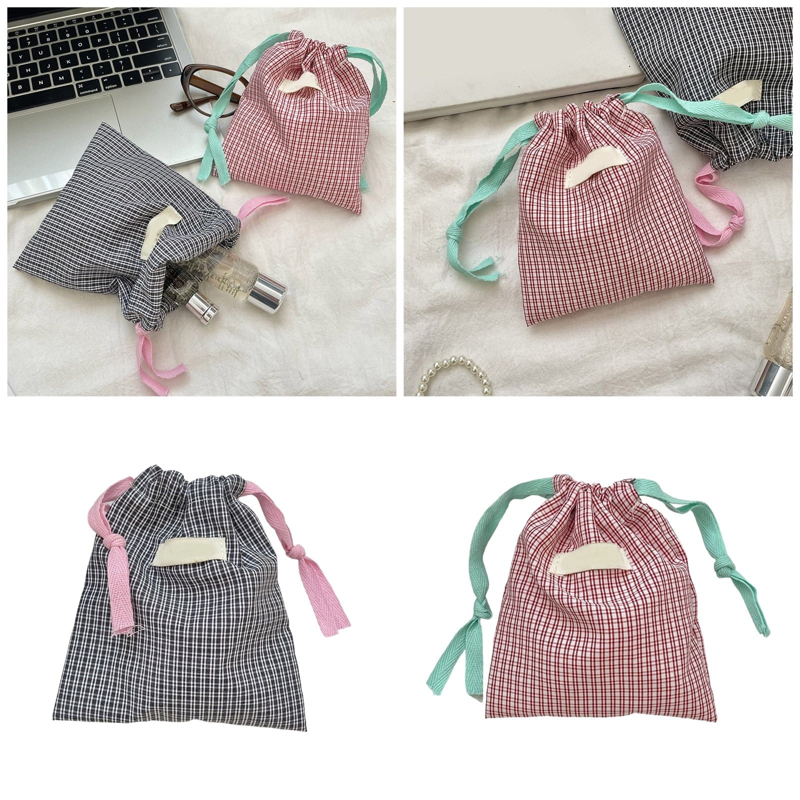 Drawstring Makeup Bag Portable Cosmetic Bag Plaids Toiletry Bag Lipstick Storage Bag Travel Wash Bag Jewelry Organizers