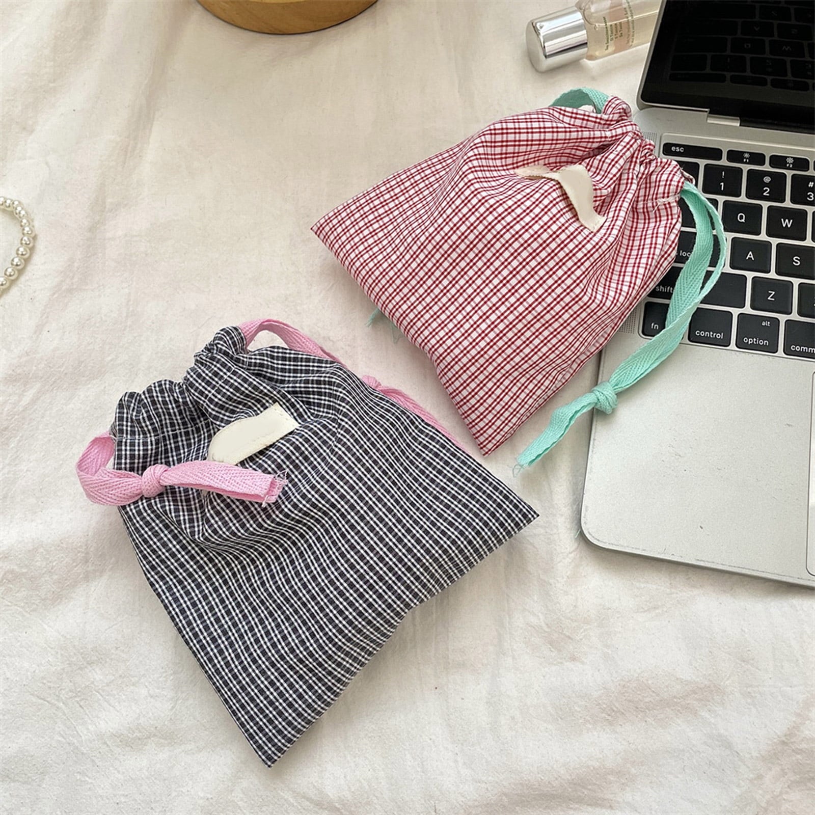 Drawstring Makeup Bag Portable Cosmetic Bag Plaids Toiletry Bag Lipstick Storage Bag Travel Wash Bag Jewelry Organizers