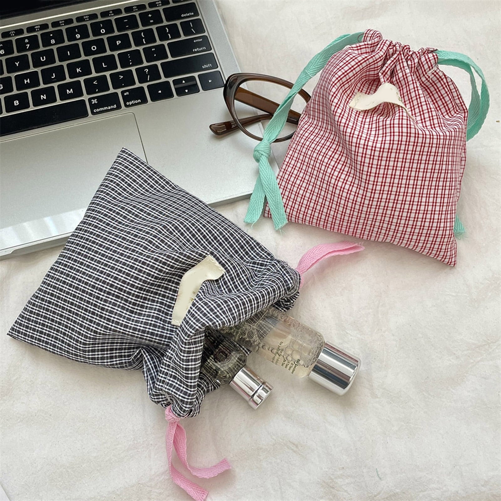 Drawstring Makeup Bag Portable Cosmetic Bag Plaids Toiletry Bag Lipstick Storage Bag Travel Wash Bag Jewelry Organizers