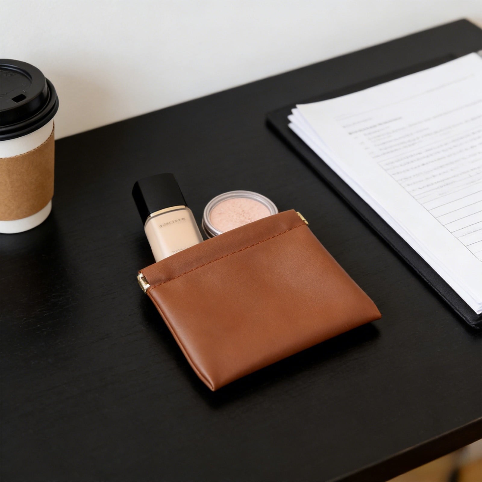Auto Closing PU Leather Cosmetic Bag, Zipper Free Mini Makeup Pouch, Waterproof Travel Organizer For Jewelry And Headphones, Handy Storage