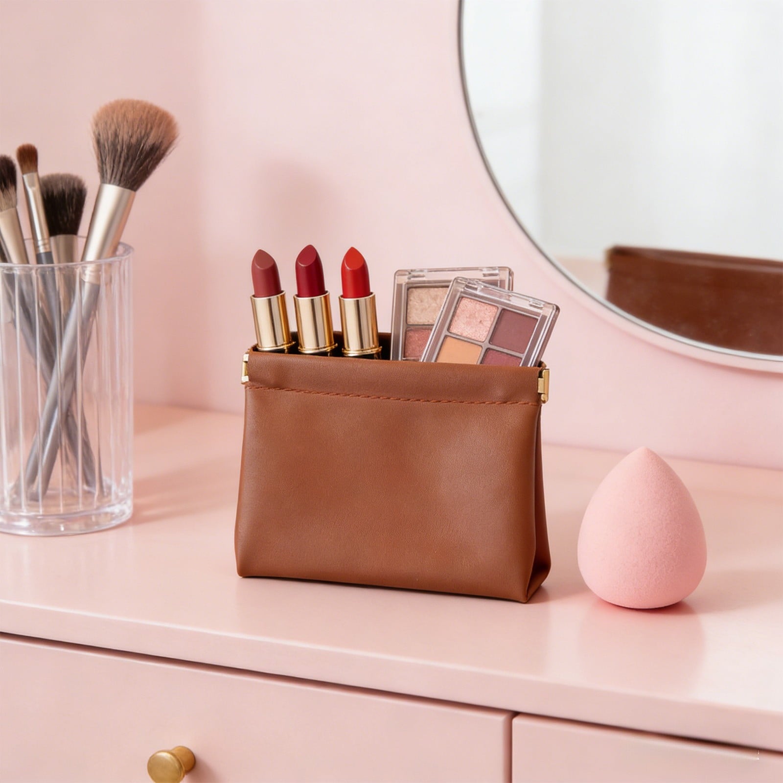 Auto Closing PU Leather Cosmetic Bag, Zipper Free Mini Makeup Pouch, Waterproof Travel Organizer For Jewelry And Headphones, Handy Storage