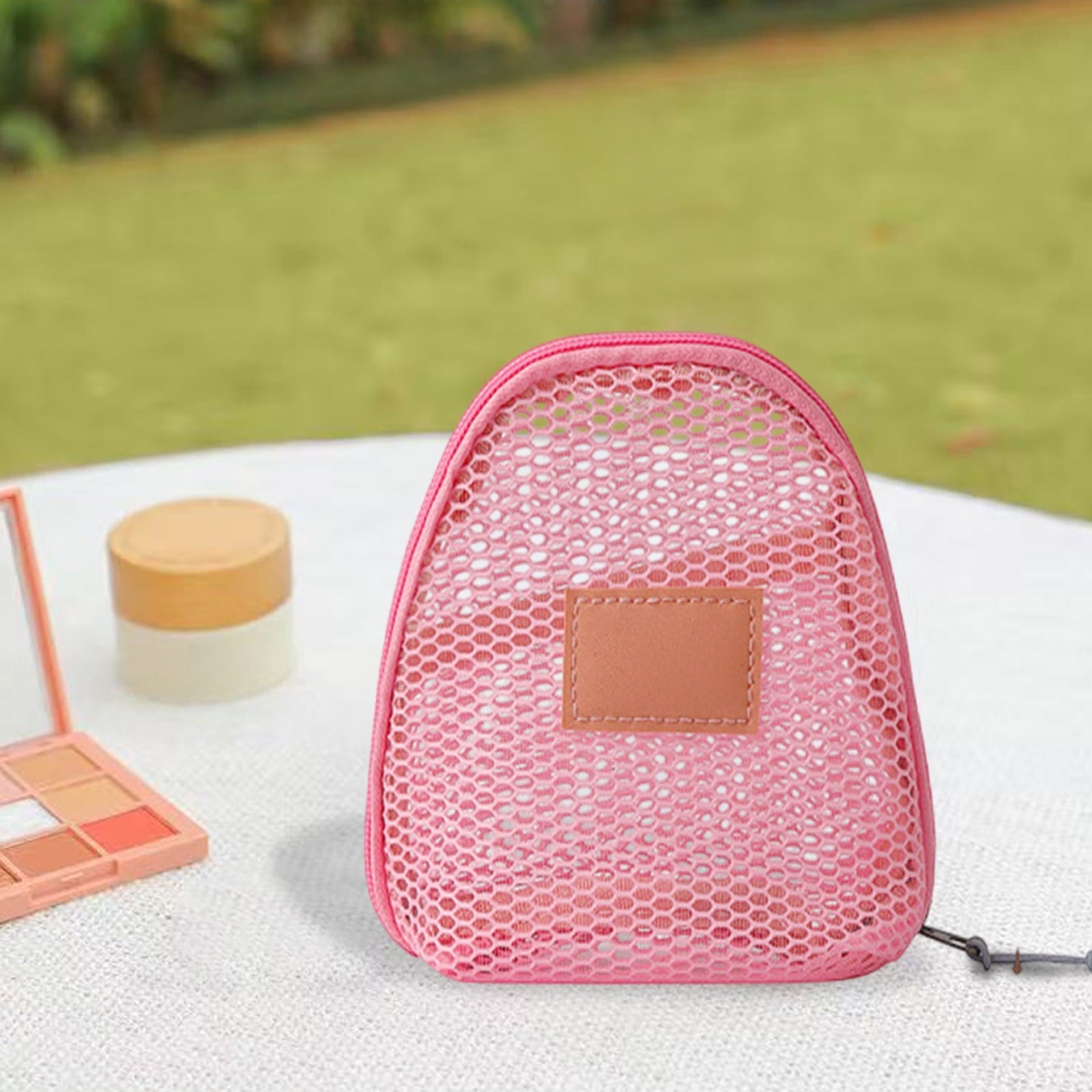 Portable Mesh Cosmetic Bag, 14x13x7cm Transparent Makeup Organizer, Polyester Travel Wash Pouch, Compact Toiletries Storage Case, Small Vacation Pool Accessory Holder