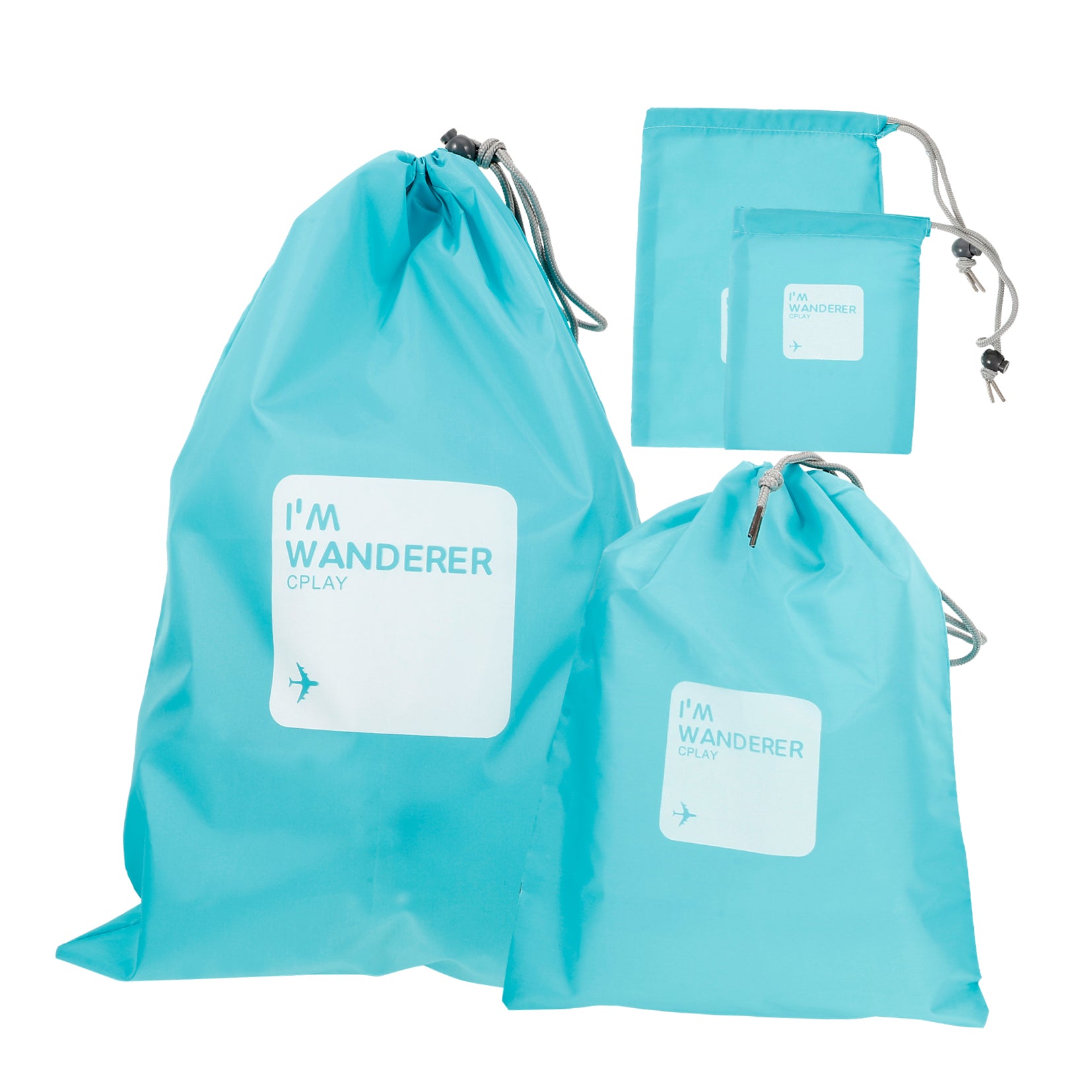 unbranded A Set of 4pcs Universal Outdoor Travel Waterproof Nylon Drawstring Storage Bags Pouches Organizers in Different Sizes (Sky-blue)