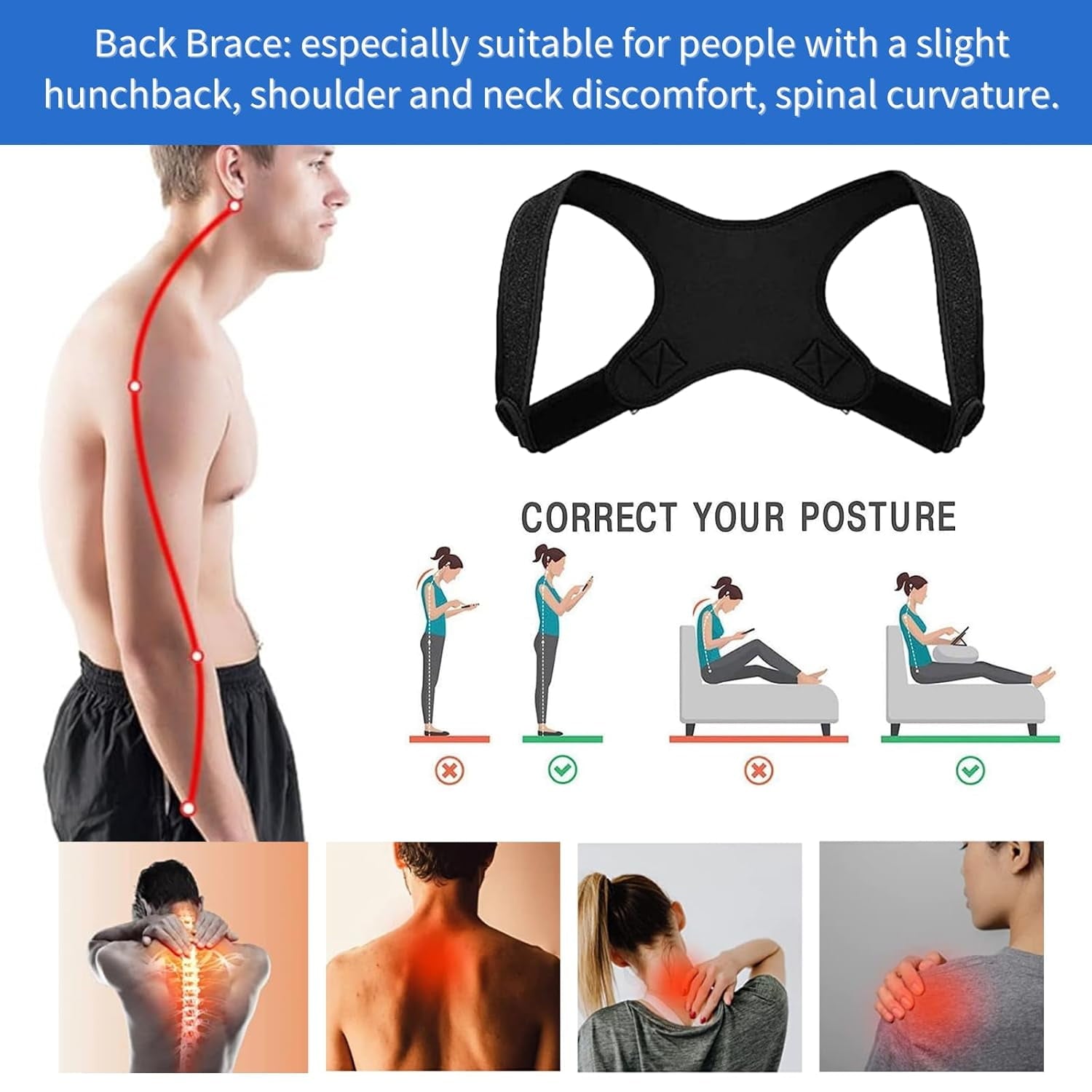 Posture Corrector for Women, Adjustable Back Brace for Men, Back Support, Shoulder Brace, Neck and Back Pain Relief, Shoulder and Back Straightener, Back Brace for Posture, Upper Back Corrector