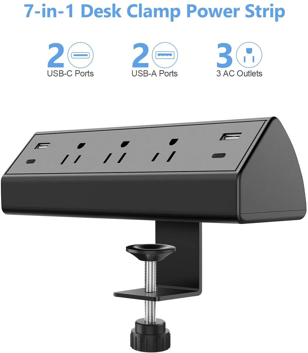 Desk Clamp Power Strip USB C,Desktop Mount Surge Protector,40W Fast Charging Station,2 PD 20W USB C Ports,3 Outlets,Desk Edge Power Strip for Home,Office,Fit 1.96" Tabletop Edge,ETL Listed