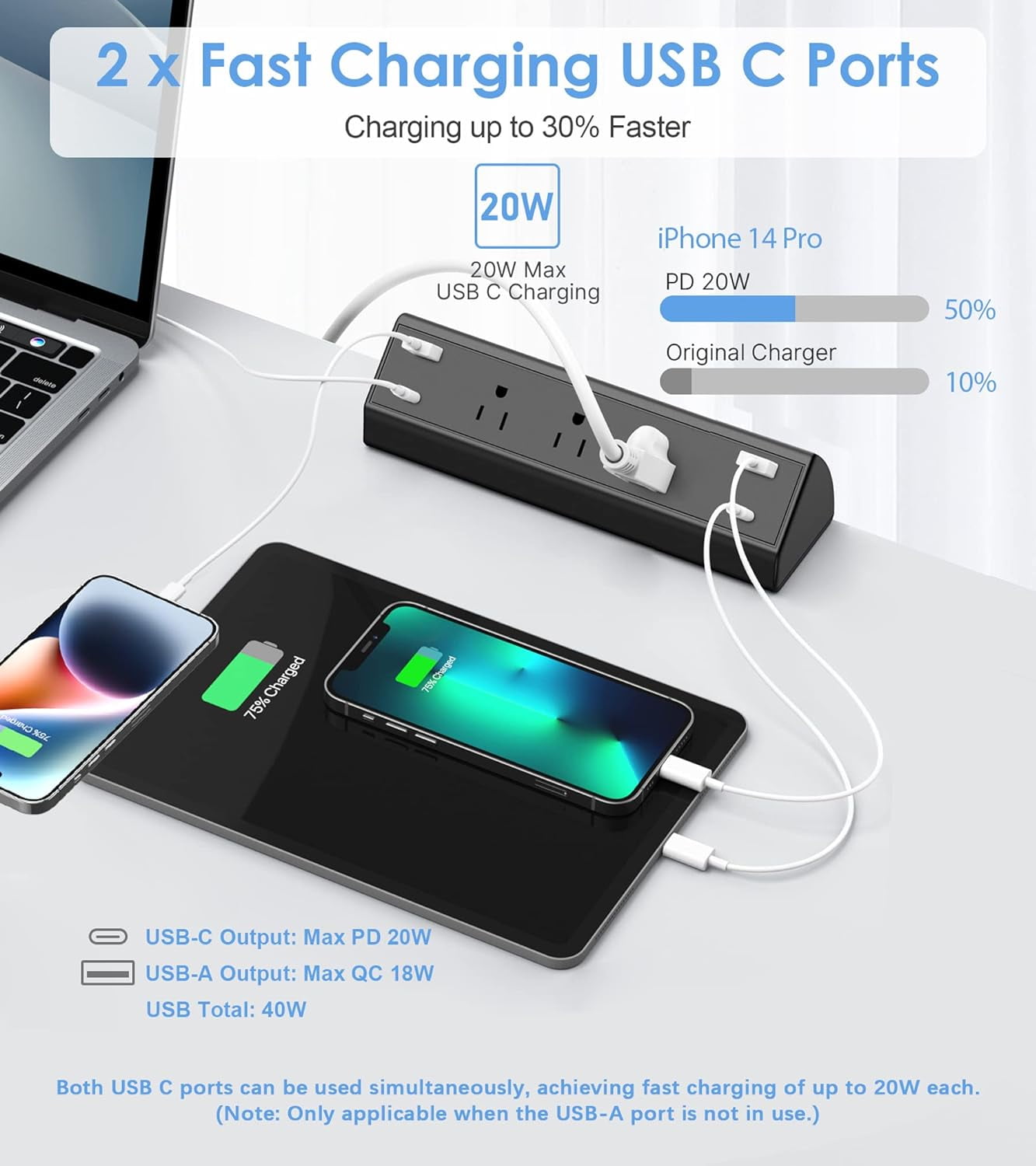 Desk Clamp Power Strip USB C,Desktop Mount Surge Protector,40W Fast Charging Station,2 PD 20W USB C Ports,3 Outlets,Desk Edge Power Strip for Home,Office,Fit 1.96" Tabletop Edge,ETL Listed