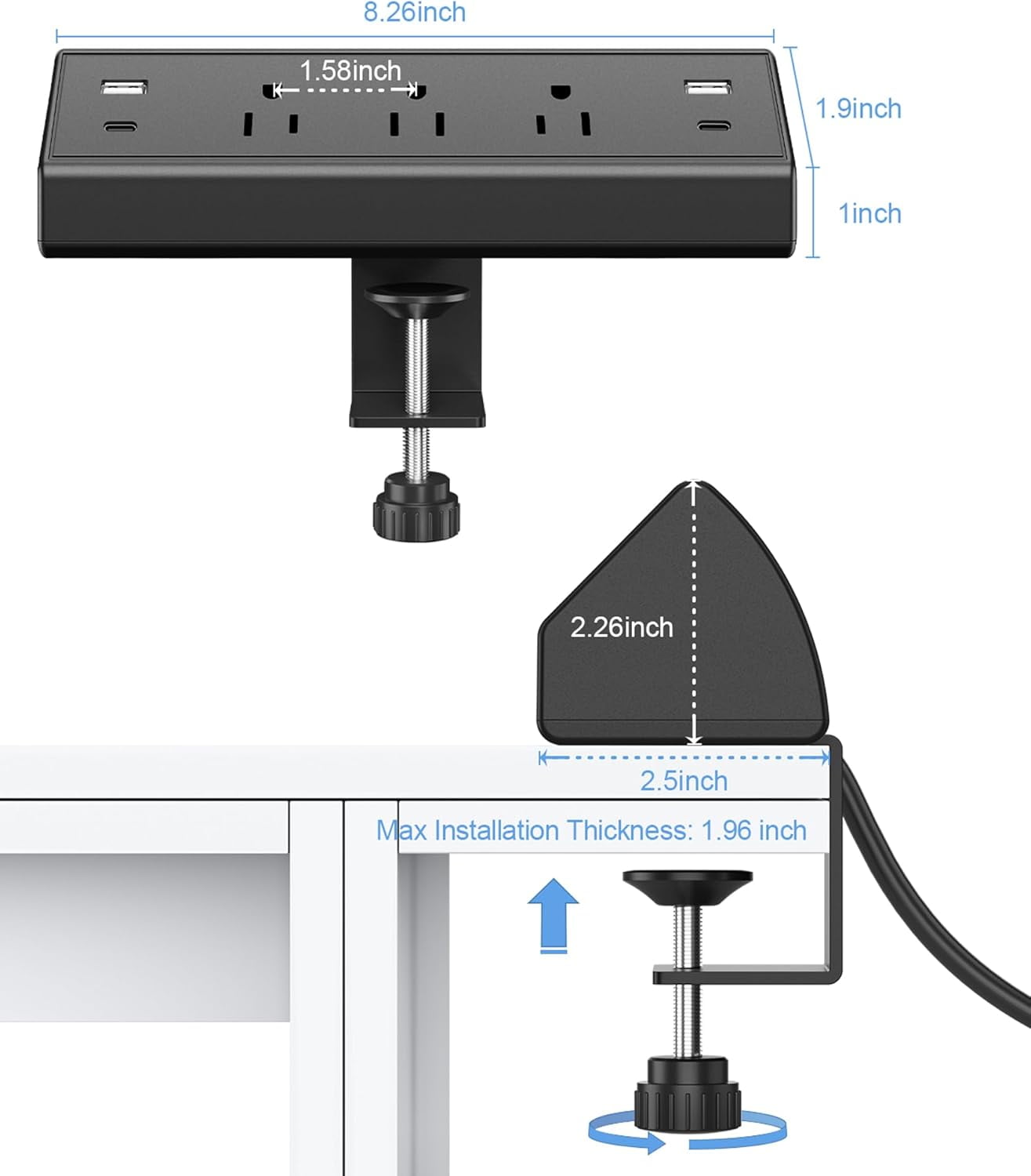 Desk Clamp Power Strip USB C,Desktop Mount Surge Protector,40W Fast Charging Station,2 PD 20W USB C Ports,3 Outlets,Desk Edge Power Strip for Home,Office,Fit 1.96" Tabletop Edge,ETL Listed