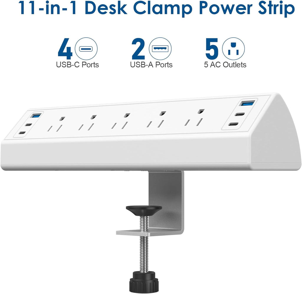 Desk Clamp Power Strip USB C,Desktop Mount Surge Protector,40W Fast Charging Station,2 PD 20W USB C Ports,3 Outlets,Desk Edge Power Strip for Home,Office,Fit 1.96" Tabletop Edge,ETL Listed
