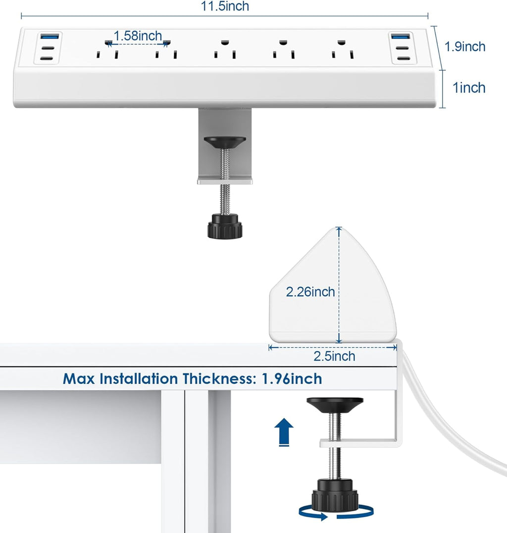 Desk Clamp Power Strip USB C,Desktop Mount Surge Protector,40W Fast Charging Station,2 PD 20W USB C Ports,3 Outlets,Desk Edge Power Strip for Home,Office,Fit 1.96" Tabletop Edge,ETL Listed