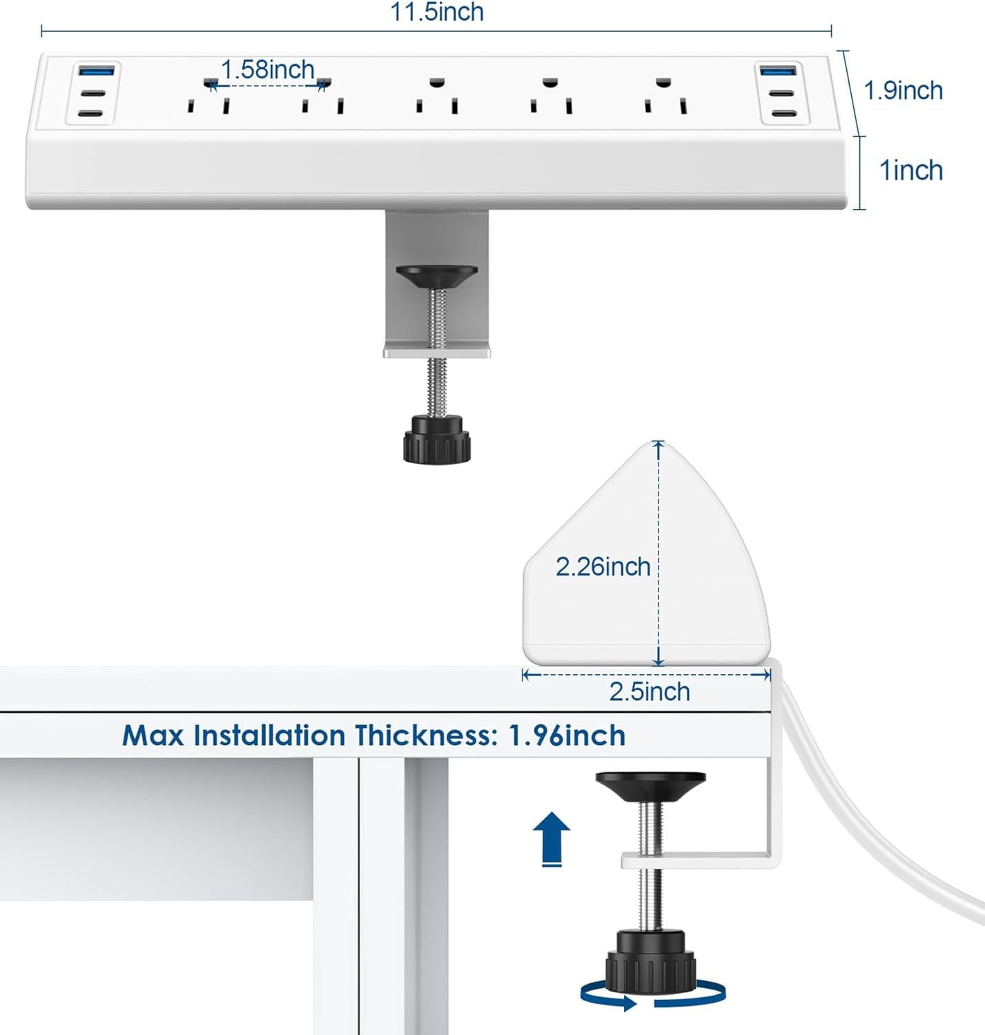 Desk Clamp Power Strip USB C,Desktop Mount Surge Protector,40W Fast Charging Station,2 PD 20W USB C Ports,3 Outlets,Desk Edge Power Strip for Home,Office,Fit 1.96" Tabletop Edge,ETL Listed