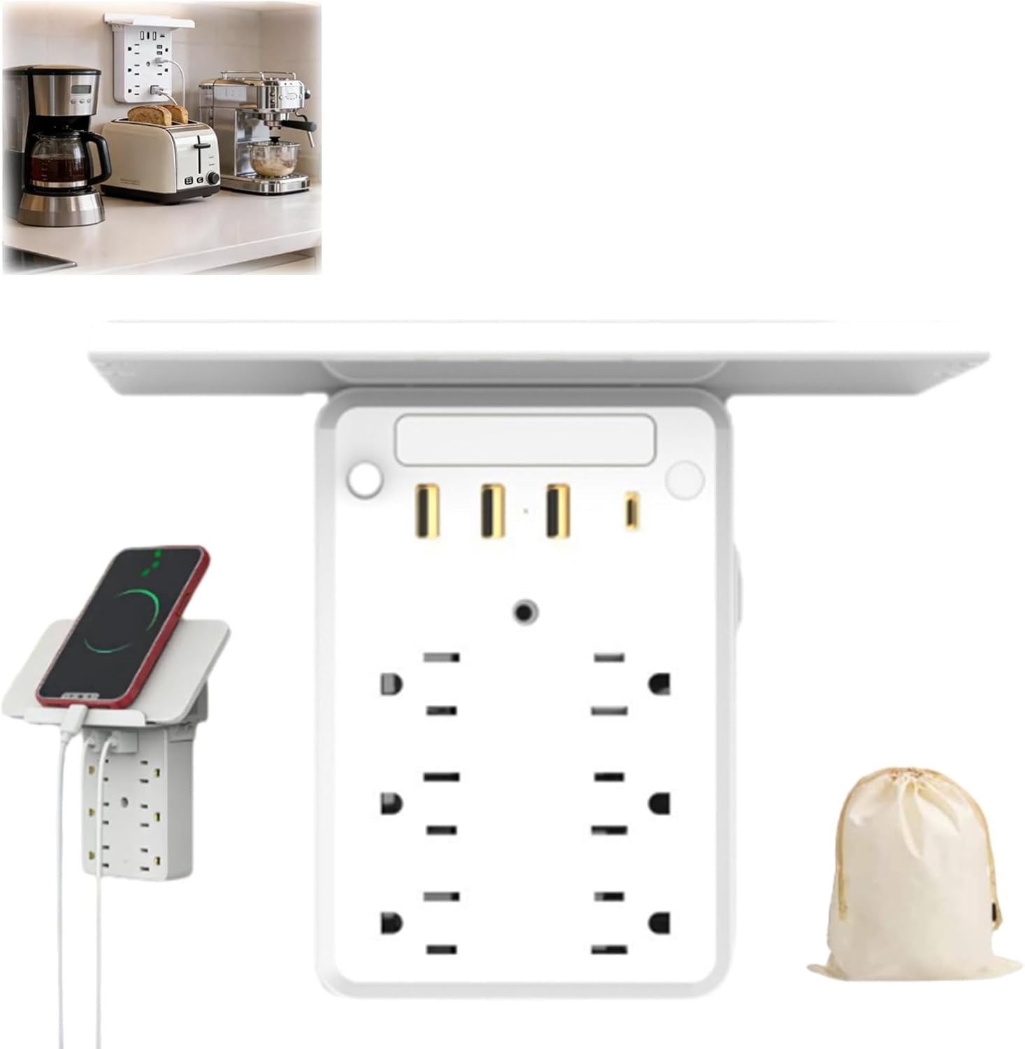 Surge Protector Power Strip with Phone Shelf &amp; USB, White Charging Station
